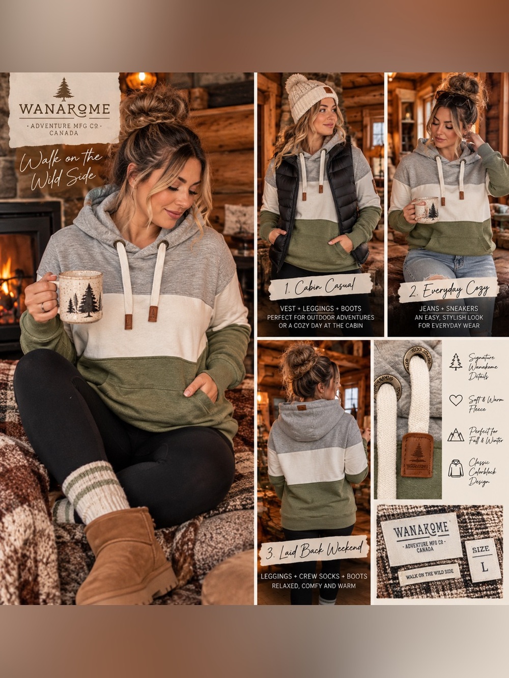 Wanаkome Colorblock Hoodie Women’s Large Gray Ivory Olive Pullover